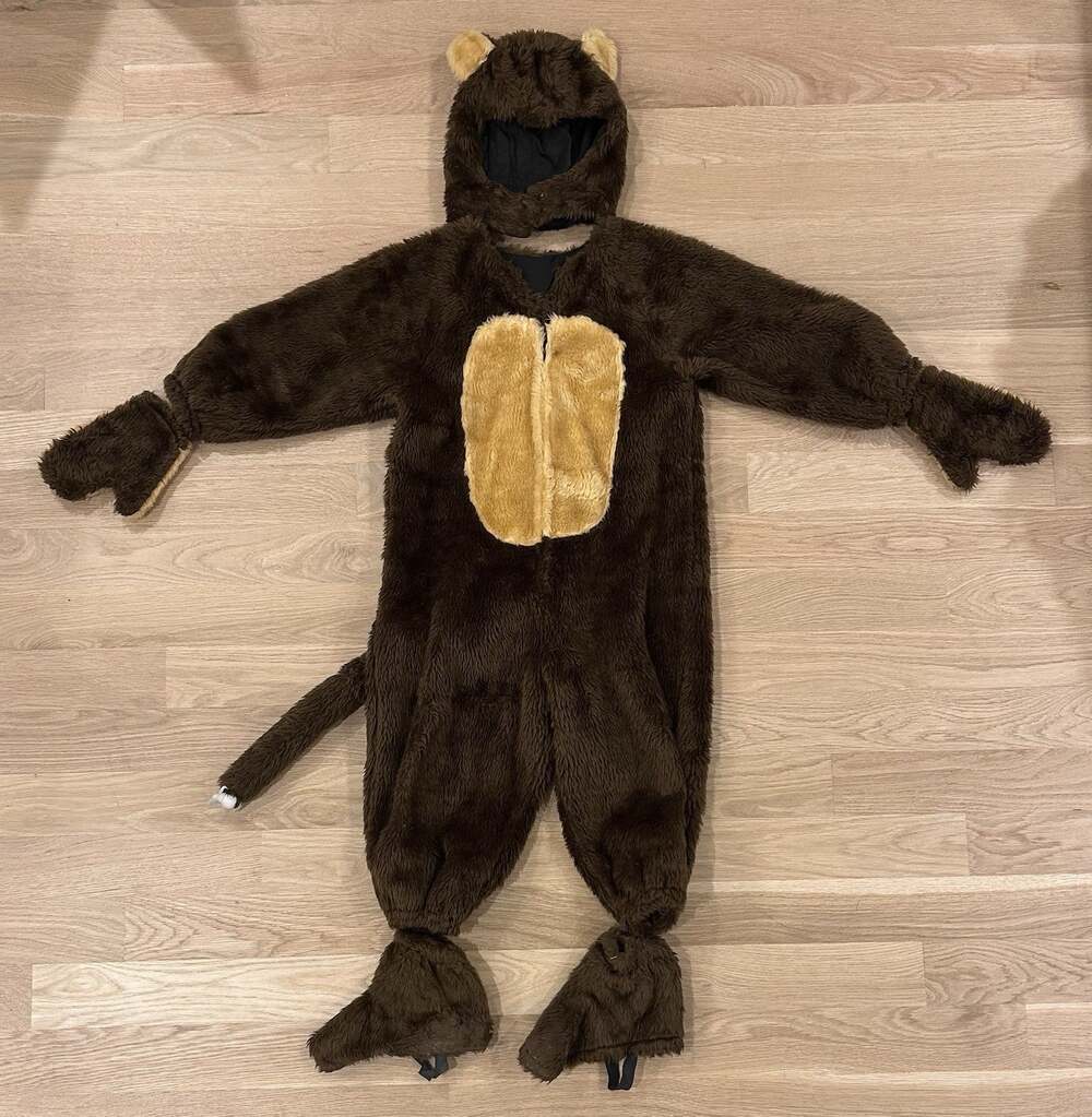 Child Monkey Costume Brown Plush Furry Jumpsuit Hood Mittens Shoe Covers